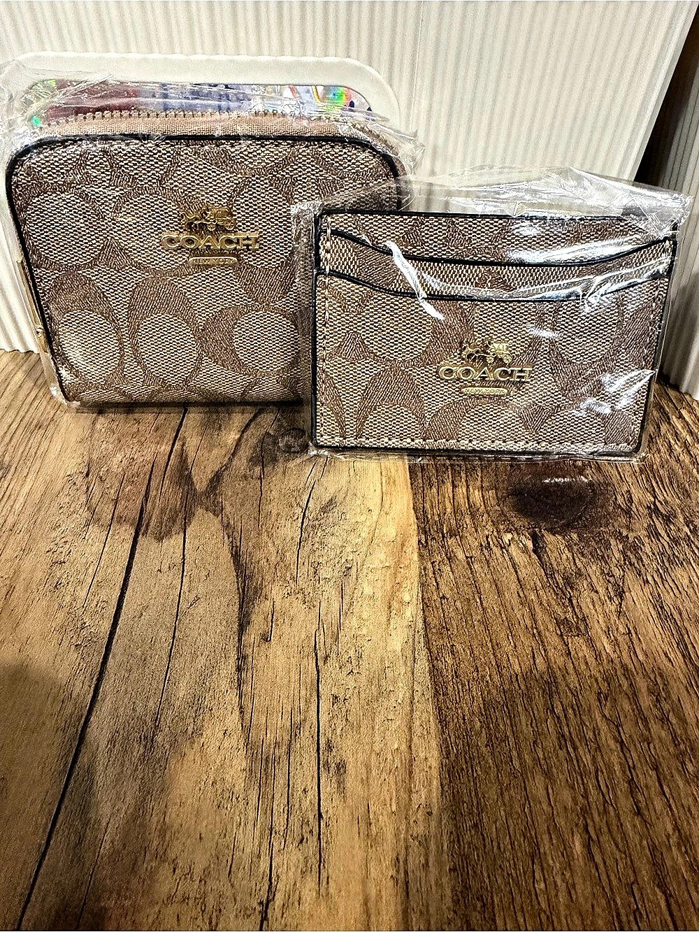Coach Small Zip Around Card Case In Signature Canvas Signature Canvas Brown